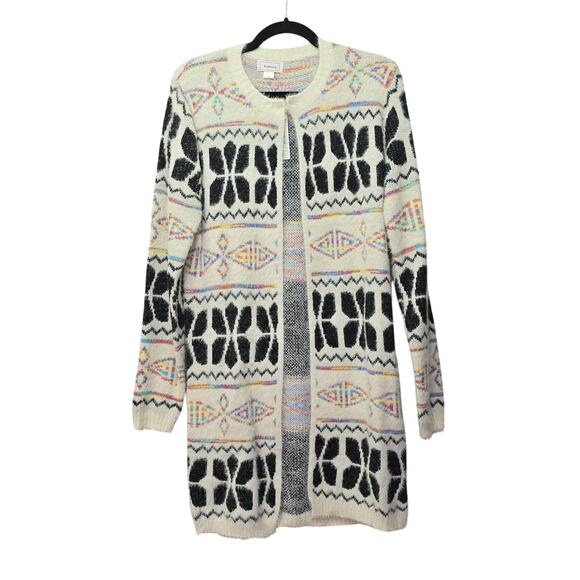 Kamana Cardigan Sweater Womens Large White Black Geometric Long Line Knit Cozy - Picture 1 of 10